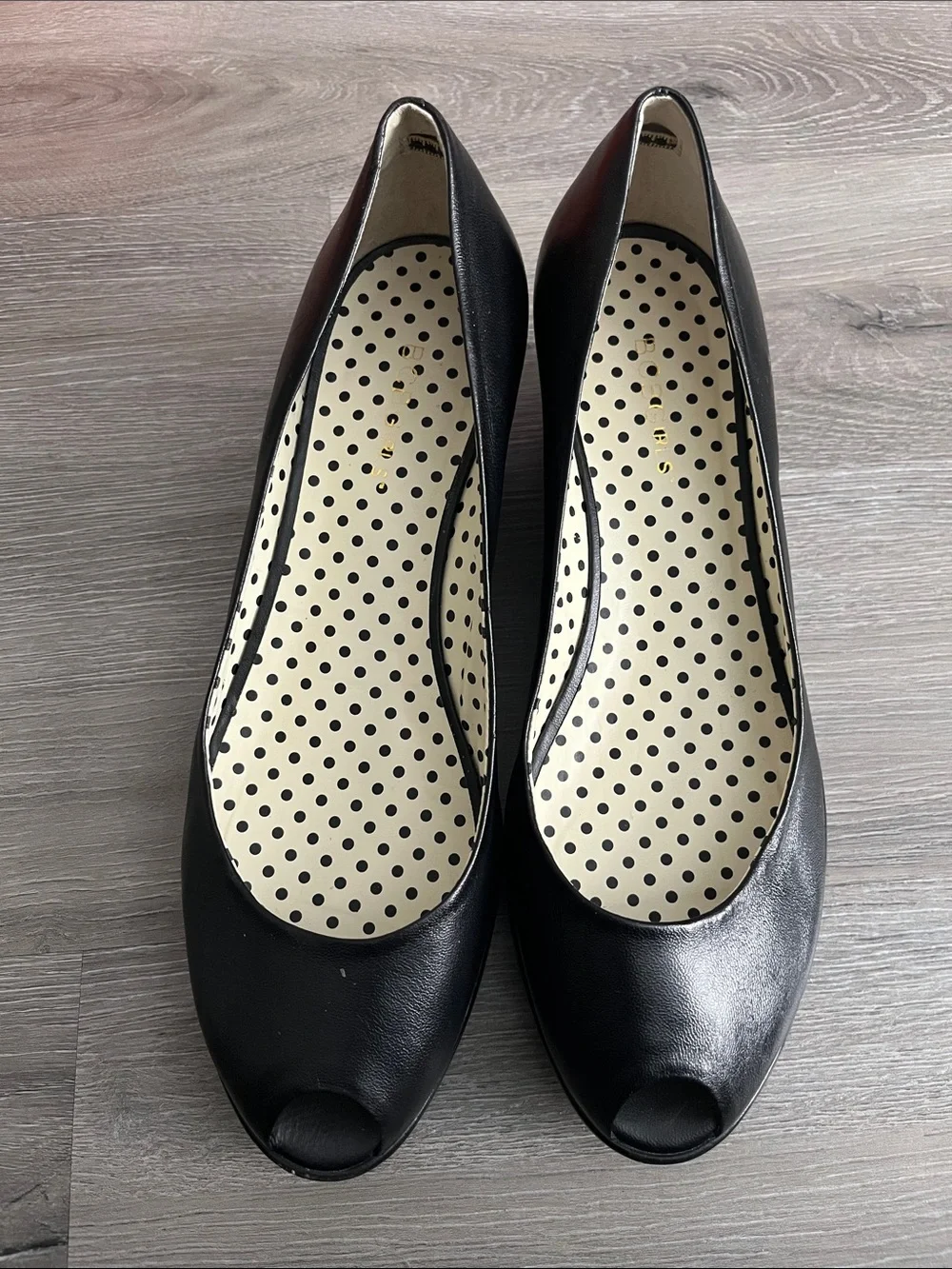 BCBGirls Women’s Black Peep-Toe Size 10B Wedge Heels with Polka-Dot Insole